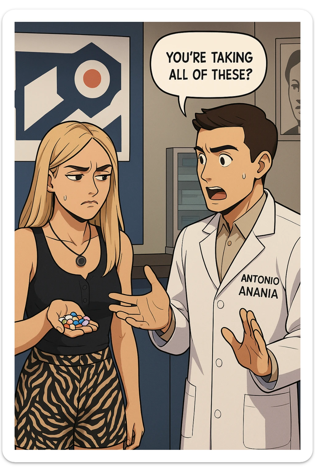 fai un webtoon/manga a colori con questo kinesiologo in camice bianco (fagli la scritta "ANTONIO ANANIA" SUL CAMICE) CHE PARLA CON QUESTA RAGAZZA. LA RAGAZZA HA UN PUGNO DI INTEGRATORI IN MANO (TANTE PILLOLE DIVERSE) E LE GUARDA DUBBIOSA. IL KINESIOLOGO CON IL CAMICE BIANCO LE DOMANDA UNA COSA SCIOCCATO. NON FARE I FUMETTI, FAI SOLO LORO COME SE DIALOGASSERO sticker