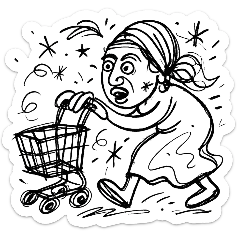 hand-drawn Uzbek woman with a shopping cart, chaotic energy sticker