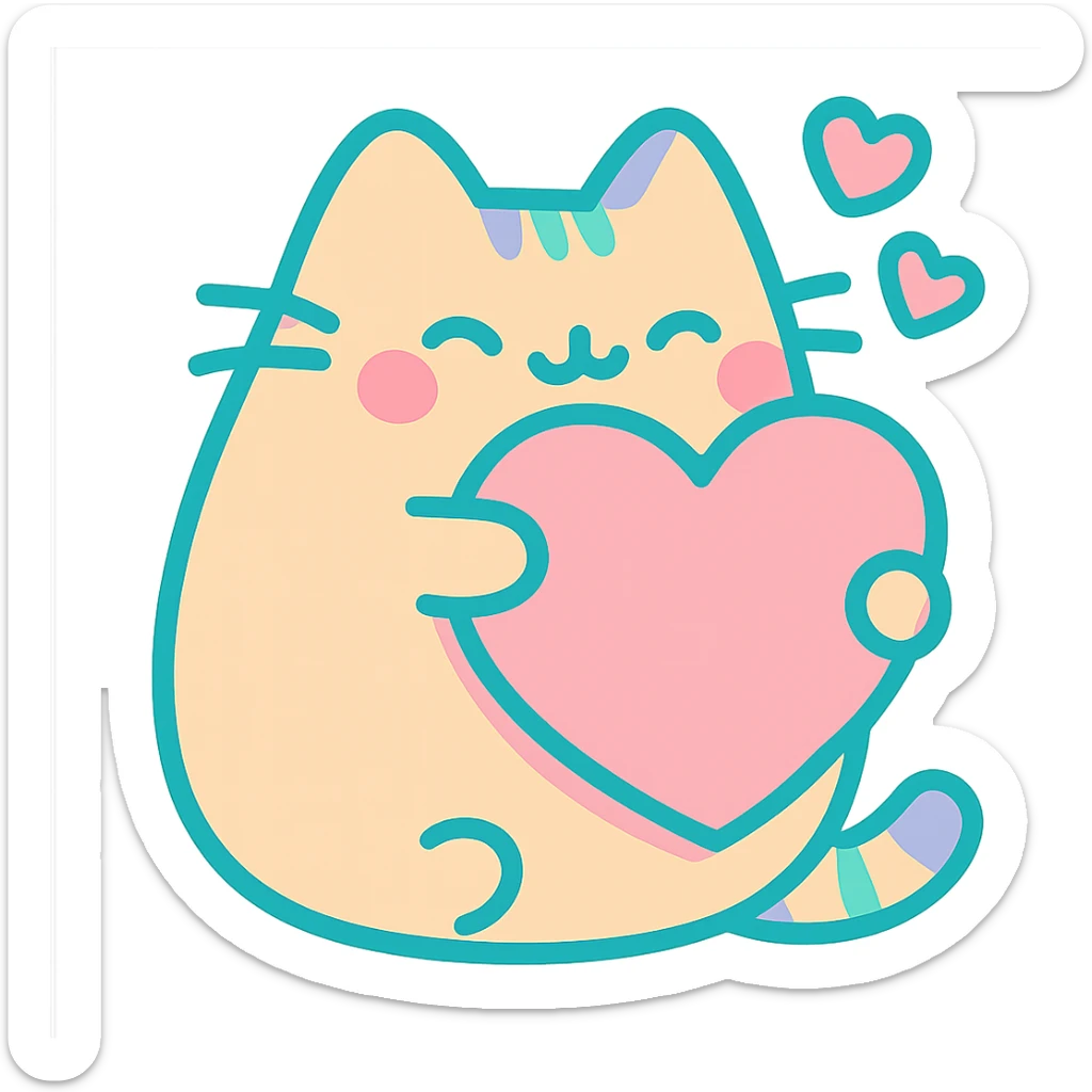 Pusheen hugging a big heart, pastel colors, adorable, vibrant toon style sticker