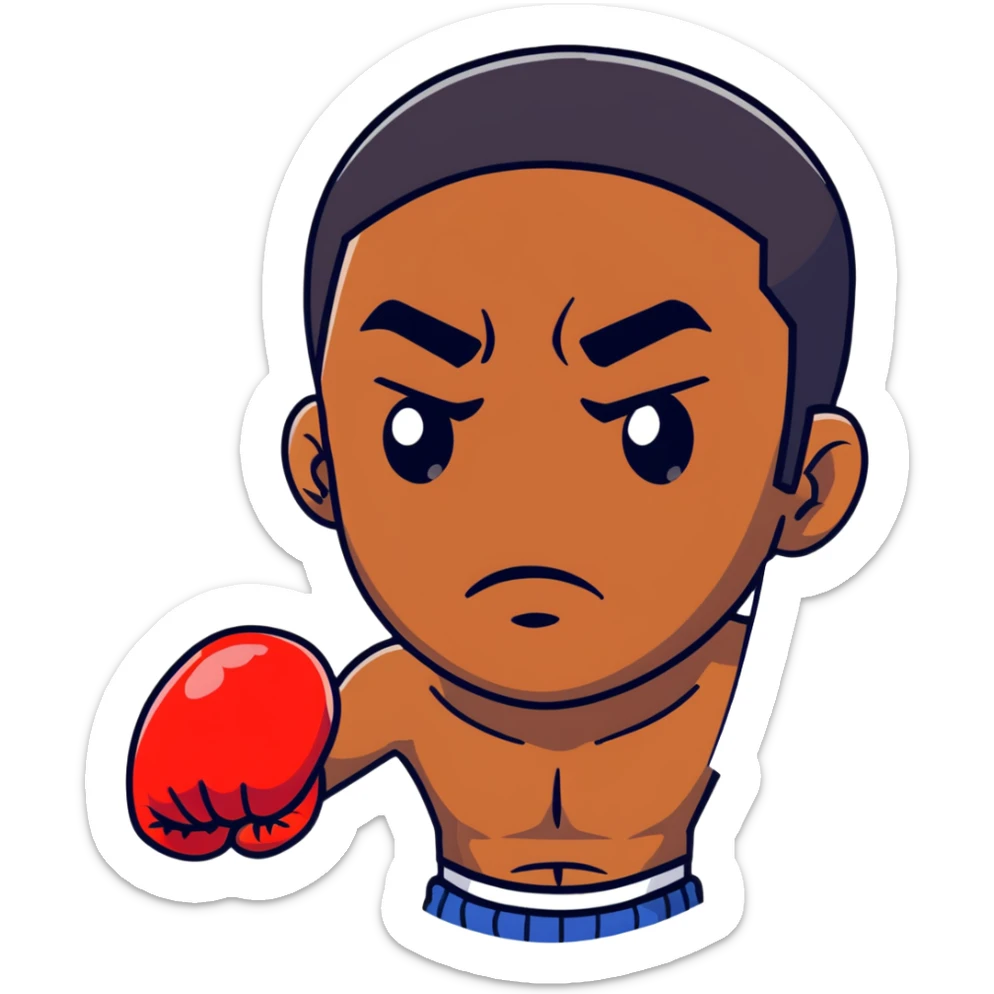 Close-up face of a young 19-year-old Black male boxer, intense gaze, boxing gloves slightly visible sticker