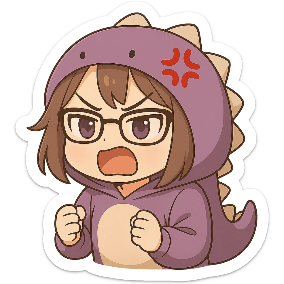 Edit the image of a chibi anime style gamer girl with glasses, brown hair, dark purple eyes, wearing a purple dinosaur costume. Keep the same pose and expression as the reference image but remove the controller from her hands. The background should be transparent (no background). sticker