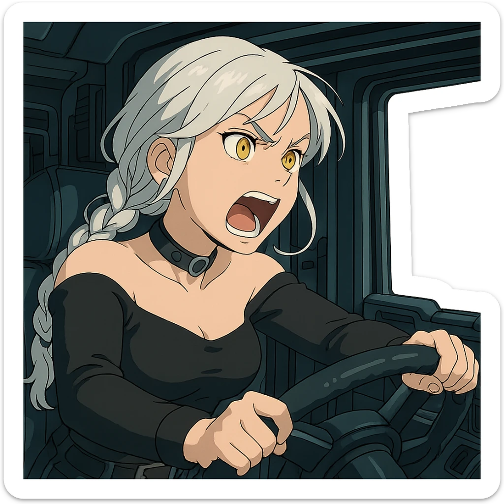 she is driving a 16 wheel truck inside the cab, yelling, turning the weel sharply, a closeup portrait of young woman with gold yellow eyes, white hair, long braid, black off-shoulder top d-cup, punk gothic style, futuristic cyberwave cyberpunk, sticker