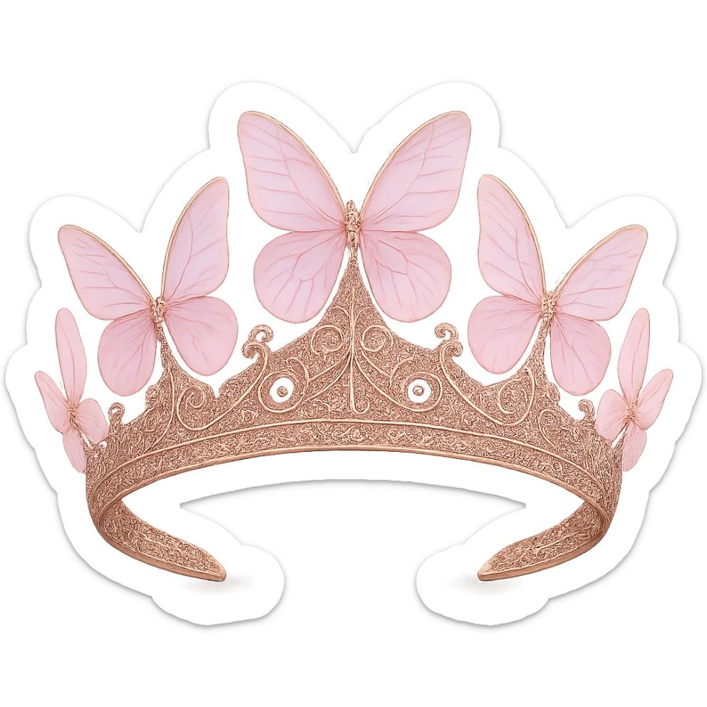 Edit the butterfly crown to use pink metal, intricate filigree, and translucent pastel pink butterfly wings. Keep the background transparent. sticker