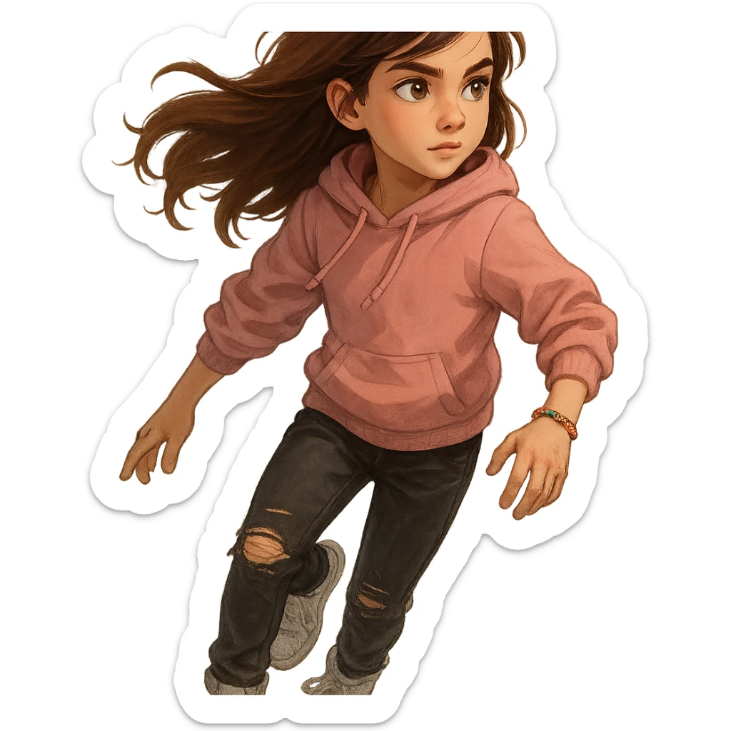 short agile 13-year-old girl with flowing chestnut brown hair, hazel eyes with gold flecks, soft pink hoodie, black ripped jeans, white high-top sneakers, beaded friendship bracelet, brave curious look sticker