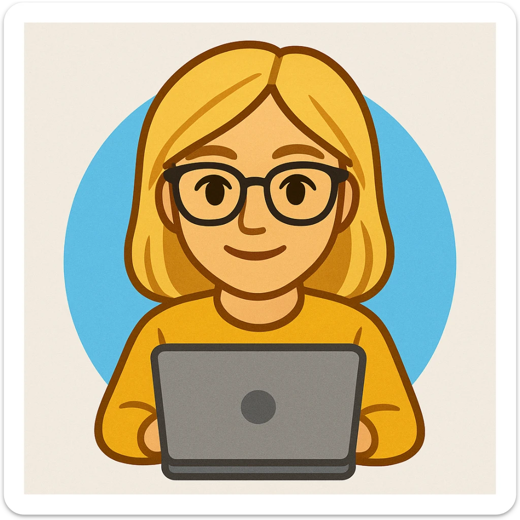 blonde writer woman wearing glasses working on a laptop, twitter style emoji sticker