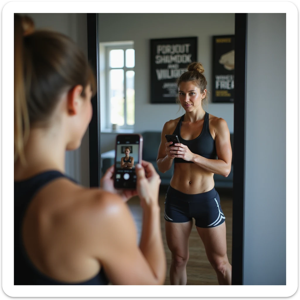 sporty woman in shorts and top, relaxed front pose in front of mirror, doing video check with smartphone for coach, room with motivational posters, natural light, hyperrealistic details, 4K sticker