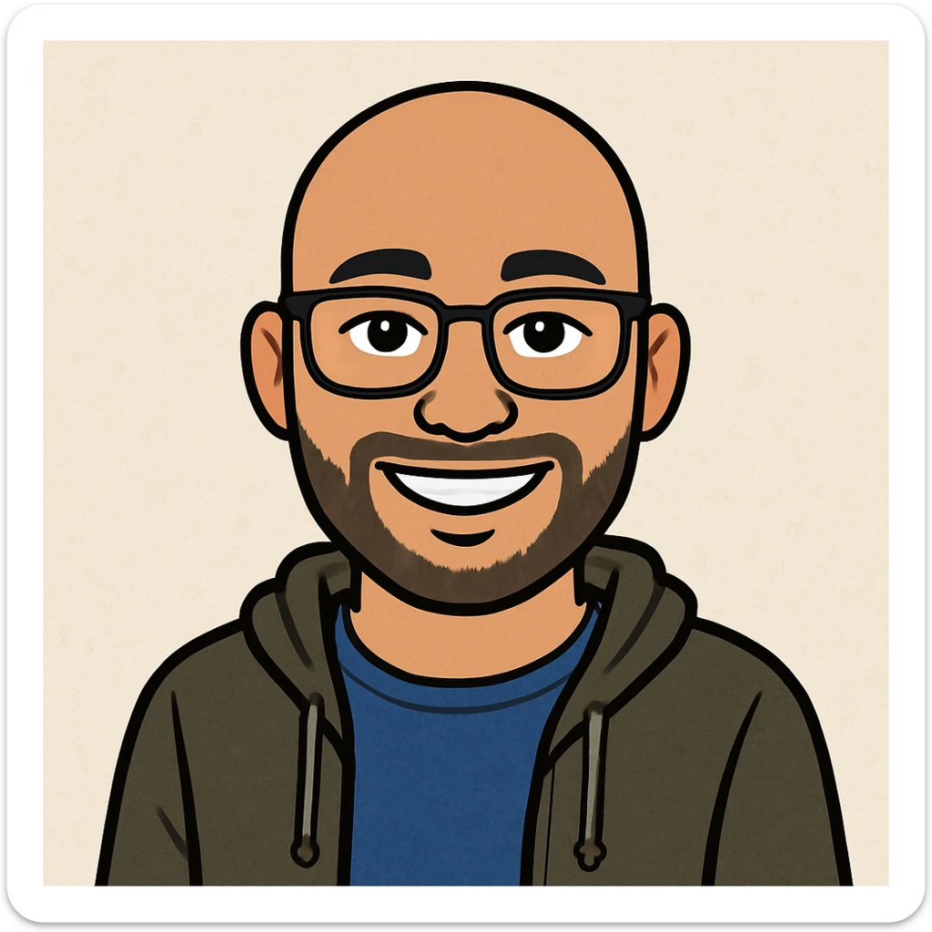 bitmoji style biracial male, bald, glasses, facial hair, casual outfit, smiling sticker