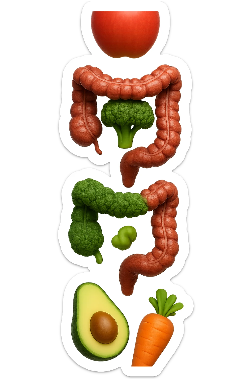 emoji stile iphone in 3d di cibo sano che fluttua in aria vericalmente insieme ùa pezzi di colon umano anatomico, iperrealistico 4k sticker