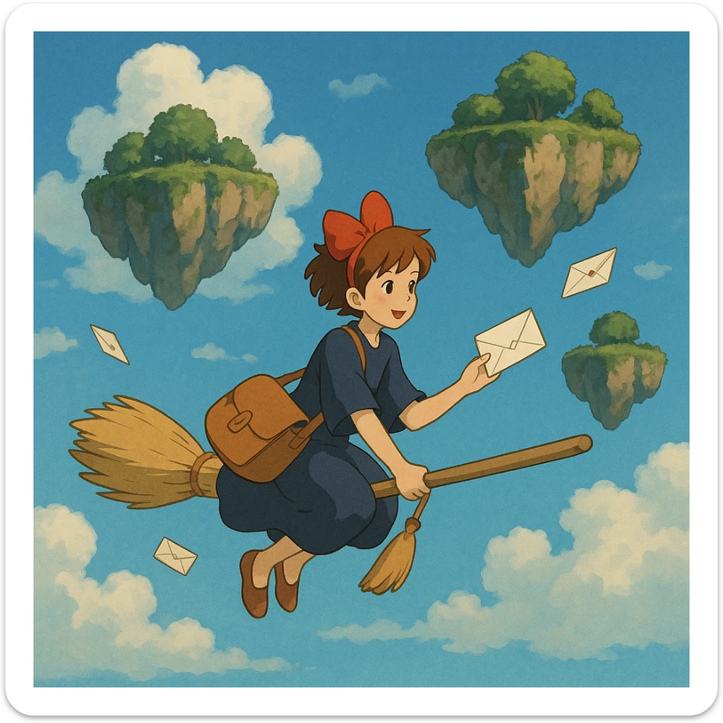 A mail carrier girl on a broomstick delivering letters to flying islands.

 sticker