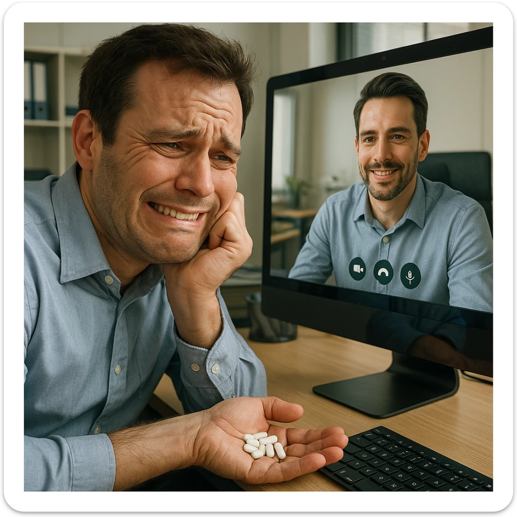 Close-up of a man in his mid-30s on a video call, forced smile, hand under desk gripping caffeine pills, computer screen reflection reveals slouched posture, virtual avatar appears confident, hyperrealistic 4K, office setting sticker