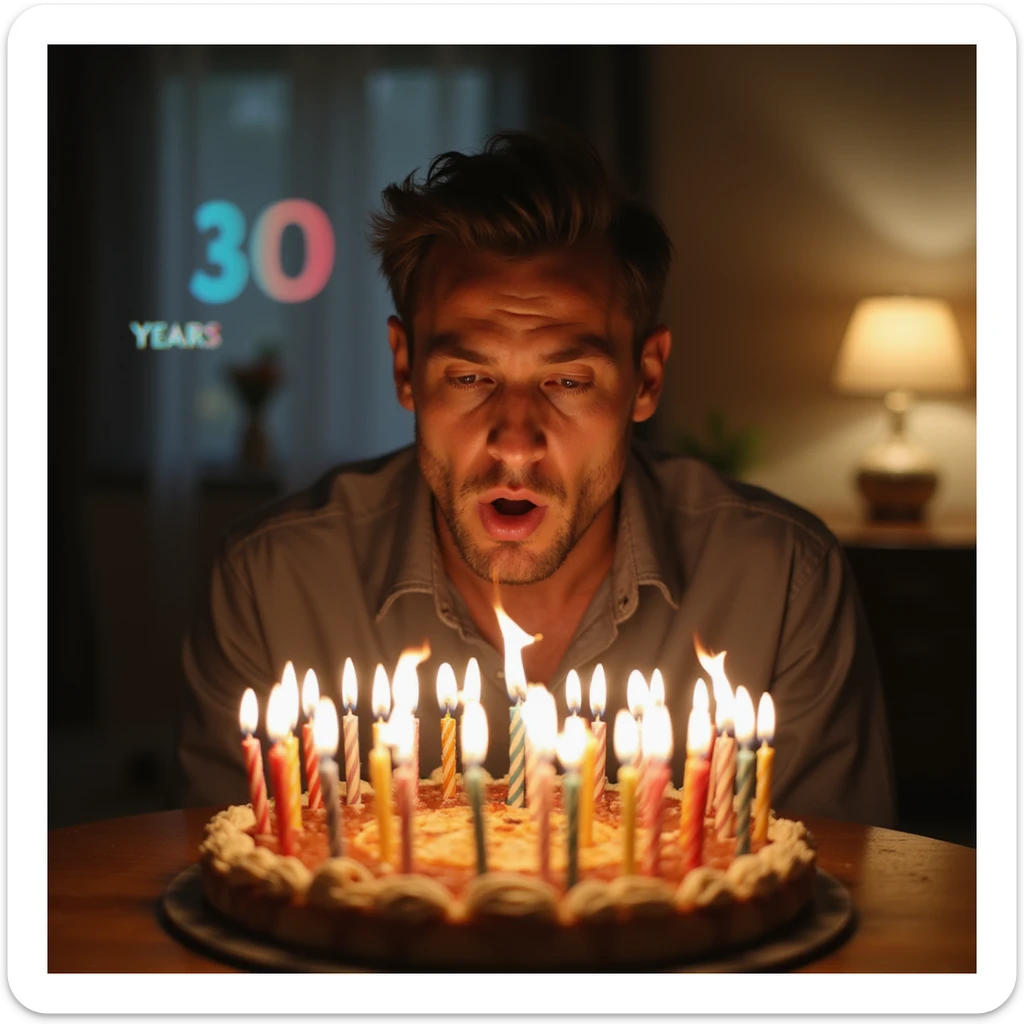 4K detailed birthday party scene with a man blowing out candles, background timeline showing body changes from 20 to 30 years, educational style sticker
