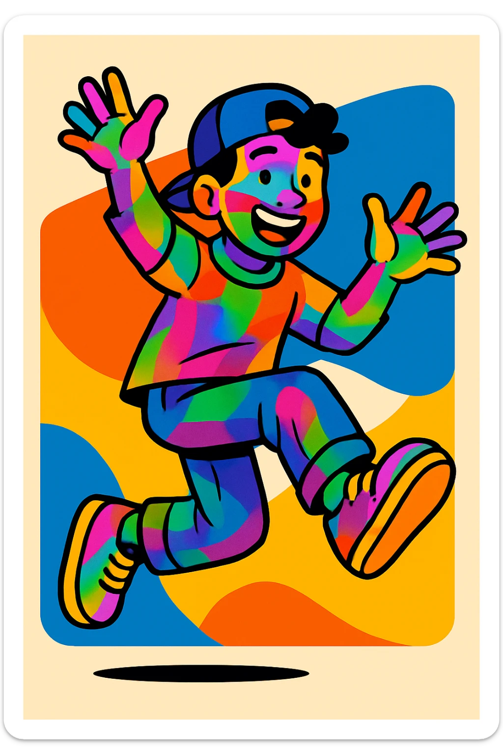 Make the man's skin colorful, with vibrant, lively hues and a playful, artistic look, keeping the energetic style and expression. sticker