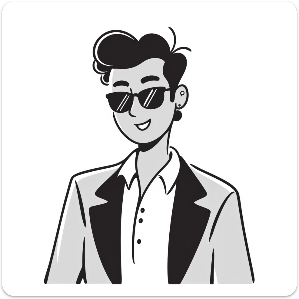 A 30-year-old Latino male musician with a piercing in one ear, wearing sunglasses, with a fashionable short hairstyle styled up and to one side, smiling confidently and wearing a jacket, shrugging his shoulders with a carefree attitude sticker