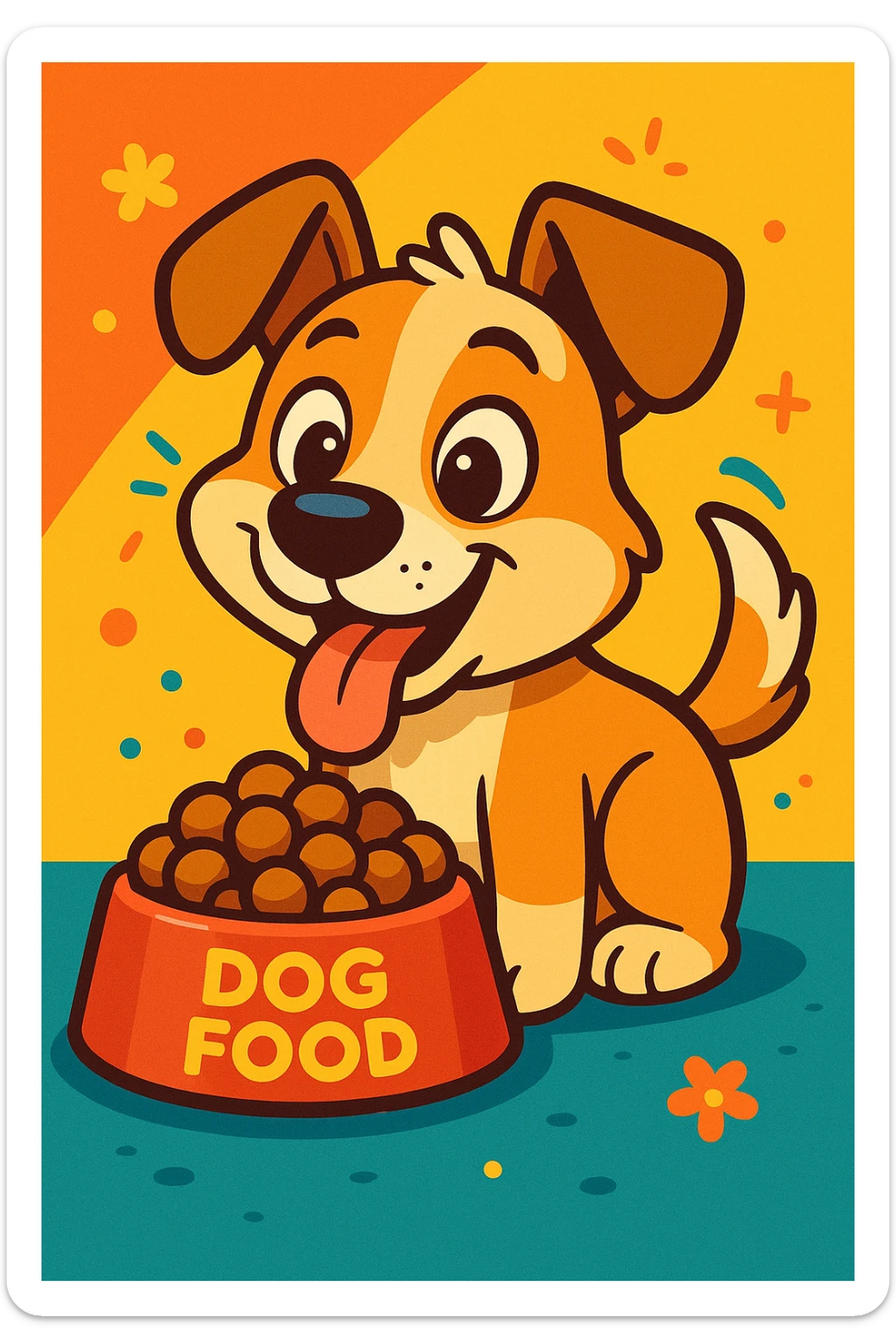 cute dog eating dog food, vibrant toon style, illustration, charming and playful sticker