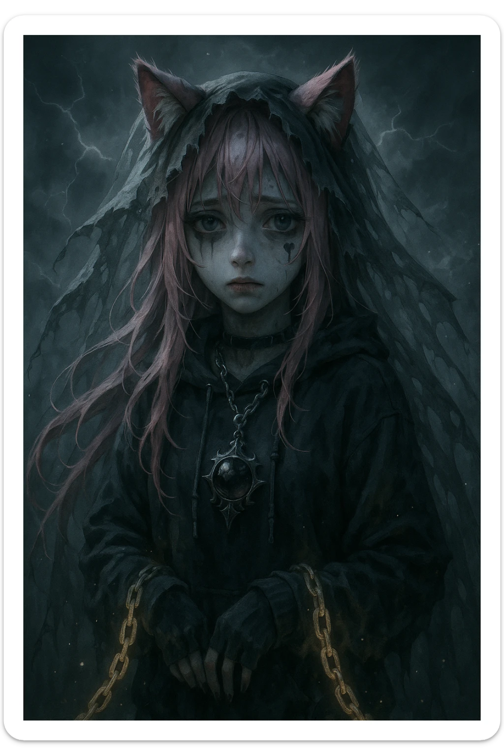 realistic anime catgirl with pink hair, emo streetwear, heart tattoo under left eye, dark magical accessory, sparkles, stormy background, ghostly horror look with torn veil, glowing chains, and a sorrowful expression sticker