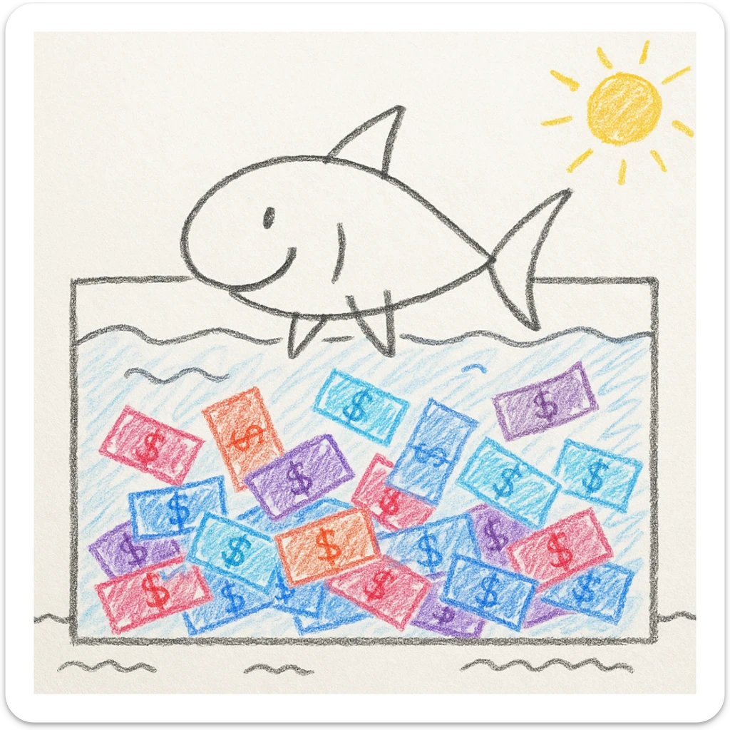a playful cartoon of a literal shark swimming in a tank full of money, referencing the show Shark Tank, whimsical style, hand drawn children's illustration sticker