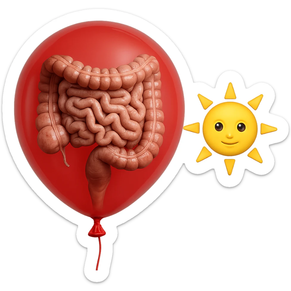 intestino umano anatomico chiuso in un palloncino rosso che simboleggia gonfiore, accanto un simbolo di sole stile emoji iphone che simboleggia "gonfiori di mattina", iperrealistico 4k sticker