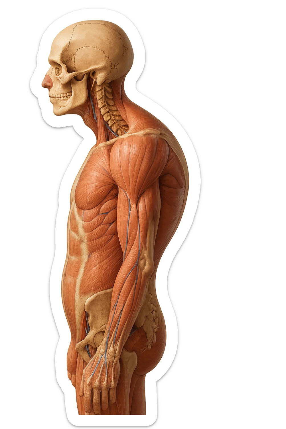 corpo UMANO ANATOMICO di profilo con spalle chiuse in avanti, postura errata, iperrealistico 4k sticker