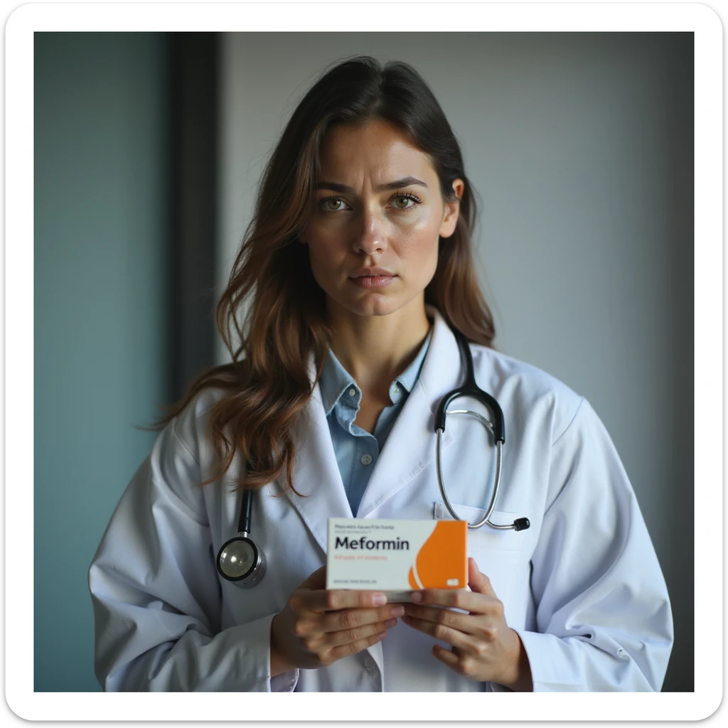 hyperrealistic 4K vertical 9:16 image of a woman with PCOS looking at a box of Metformin with a doubtful or discouraged expression, clinical environment or white background sticker