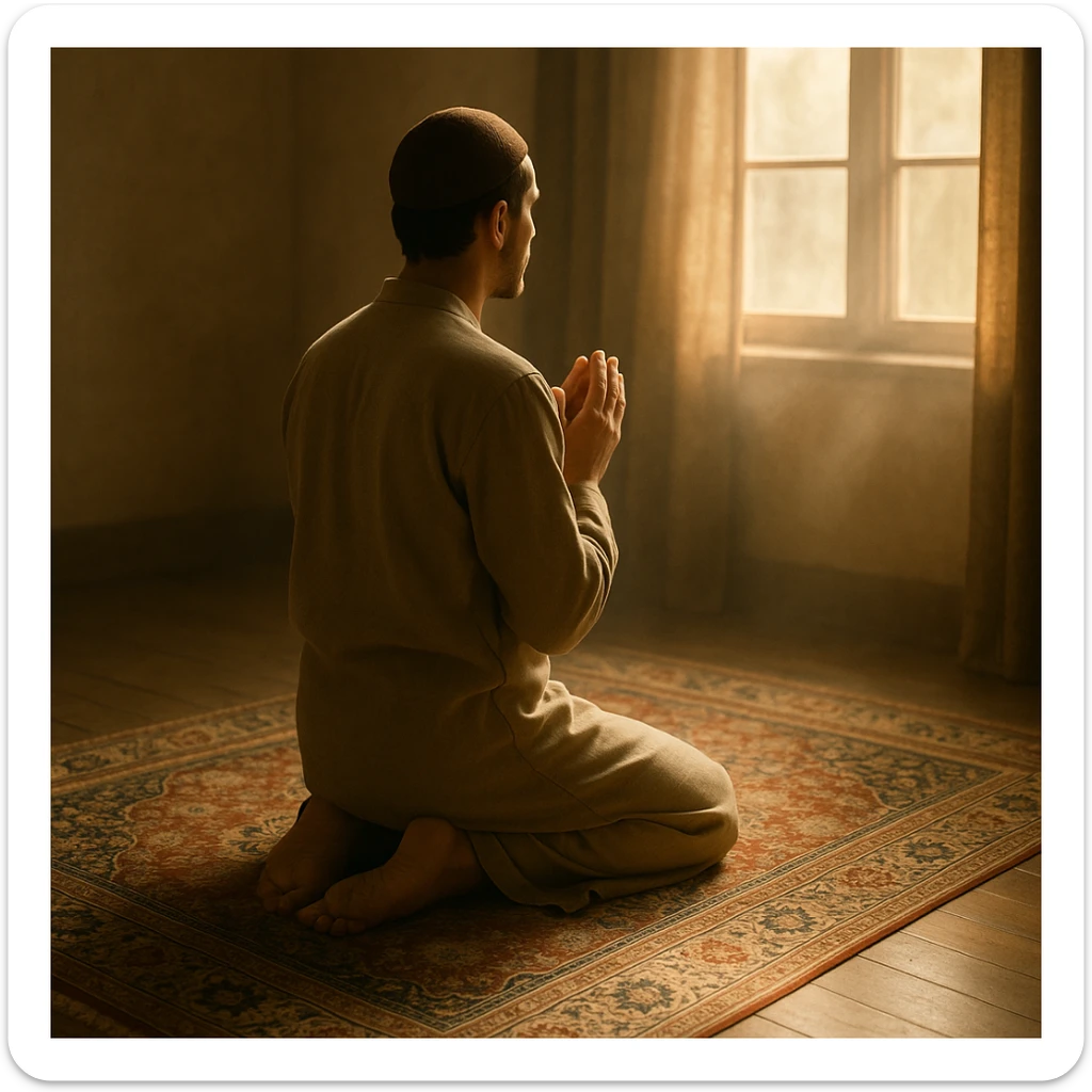 a serene scene of a person kneeling on a beautifully woven prayer carpet, hands clasped in prayer, with soft light filtering through a nearby window, casting a peaceful glow around them sticker