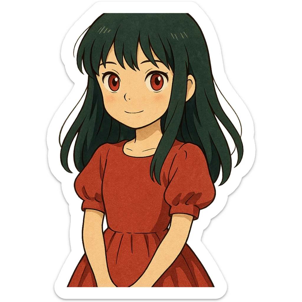 ghibli style girl with dark green hair, red eyes, and a red dress sticker