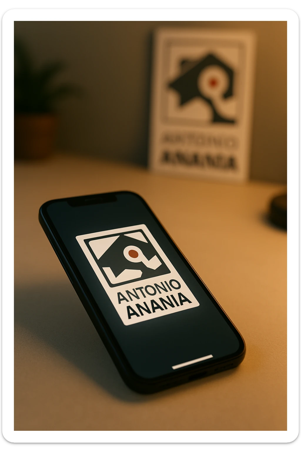 A photo of an iPhone with the message "Antonio Anania" on its screen, The phone sits atop a desk with a blurred background that suggests work environment. A faint glow from above casts gentle shadows across the surface of each object, creating depth and highlighting their textures sticker