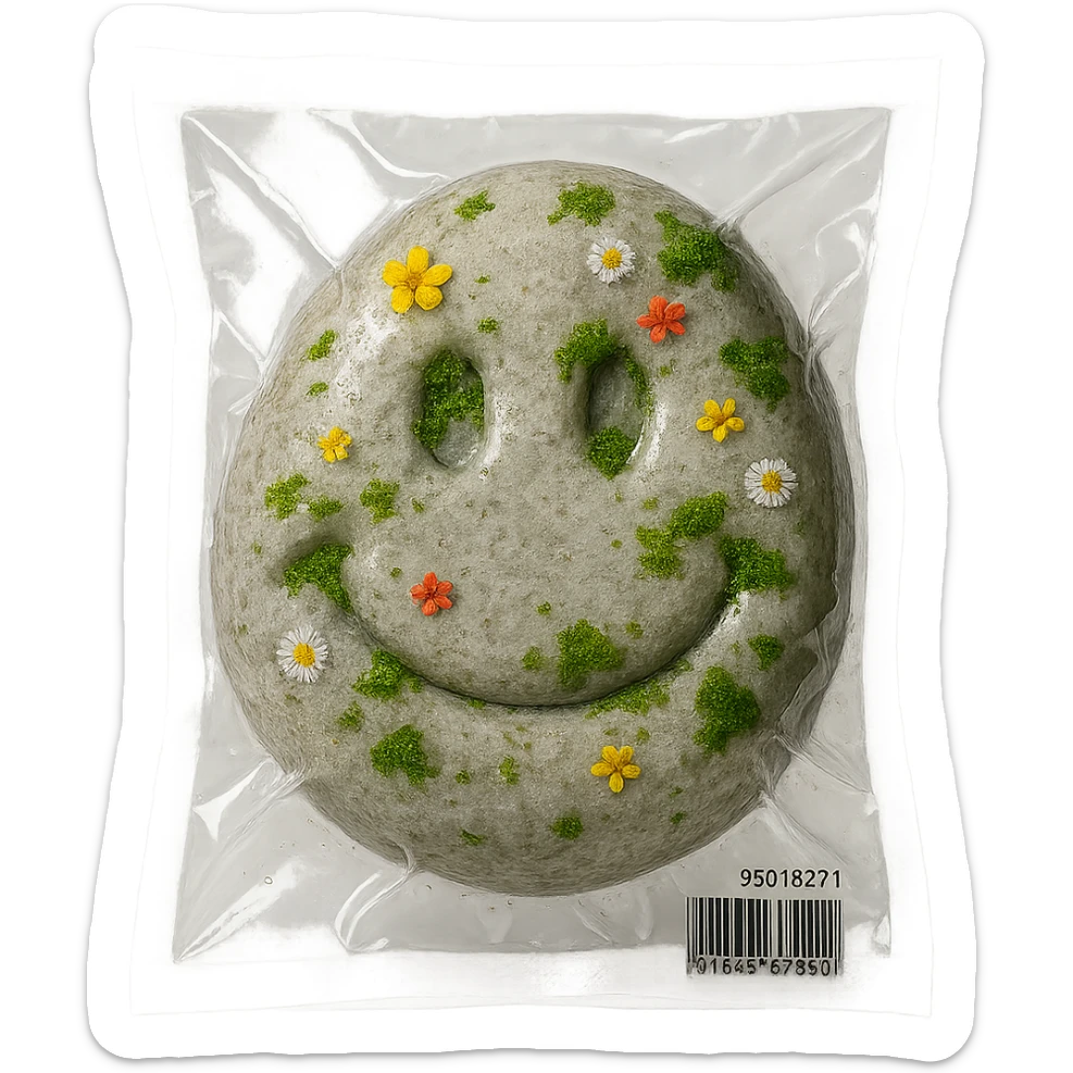 large light gray stone with scattered small colorful flowers and patches of green moss, glossy and puffy sticker