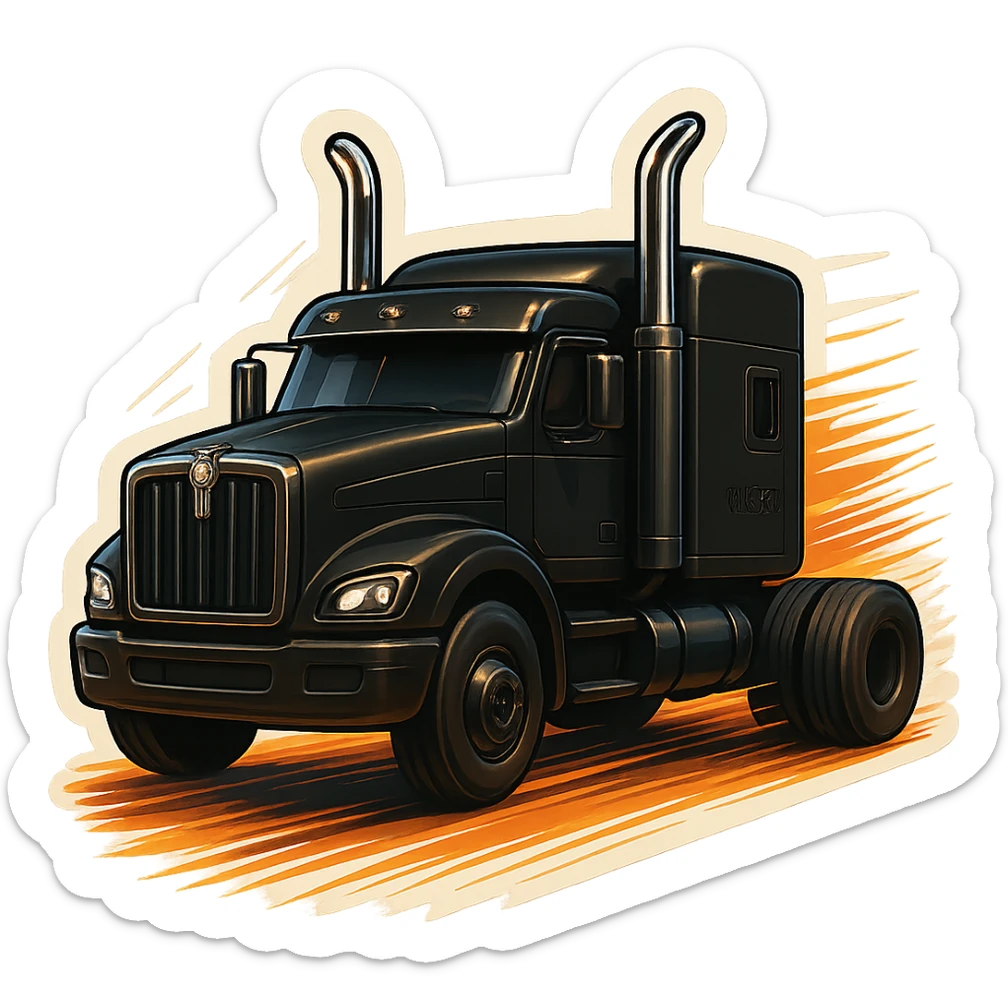Black Kenworth W680 cartoon truck rolling down the road with motion lines and a fun, dynamic feel, keeping chrome stacks shiny and detailed. sticker
