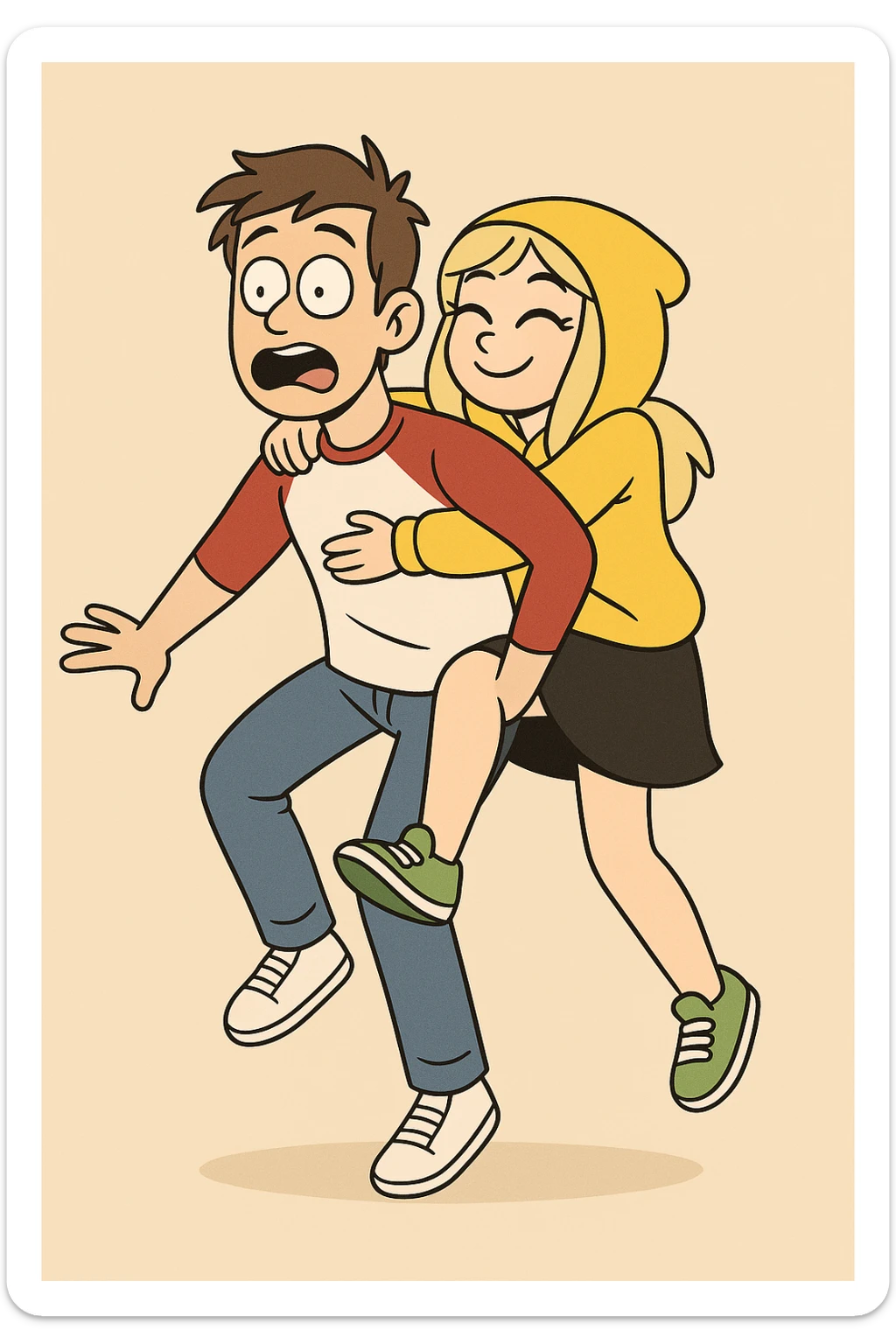 A man Raglan sleeves with Red t-shirts blue jeans white shoes carried by a cute a girl yellow hoodie black skirt green shoe  sticker