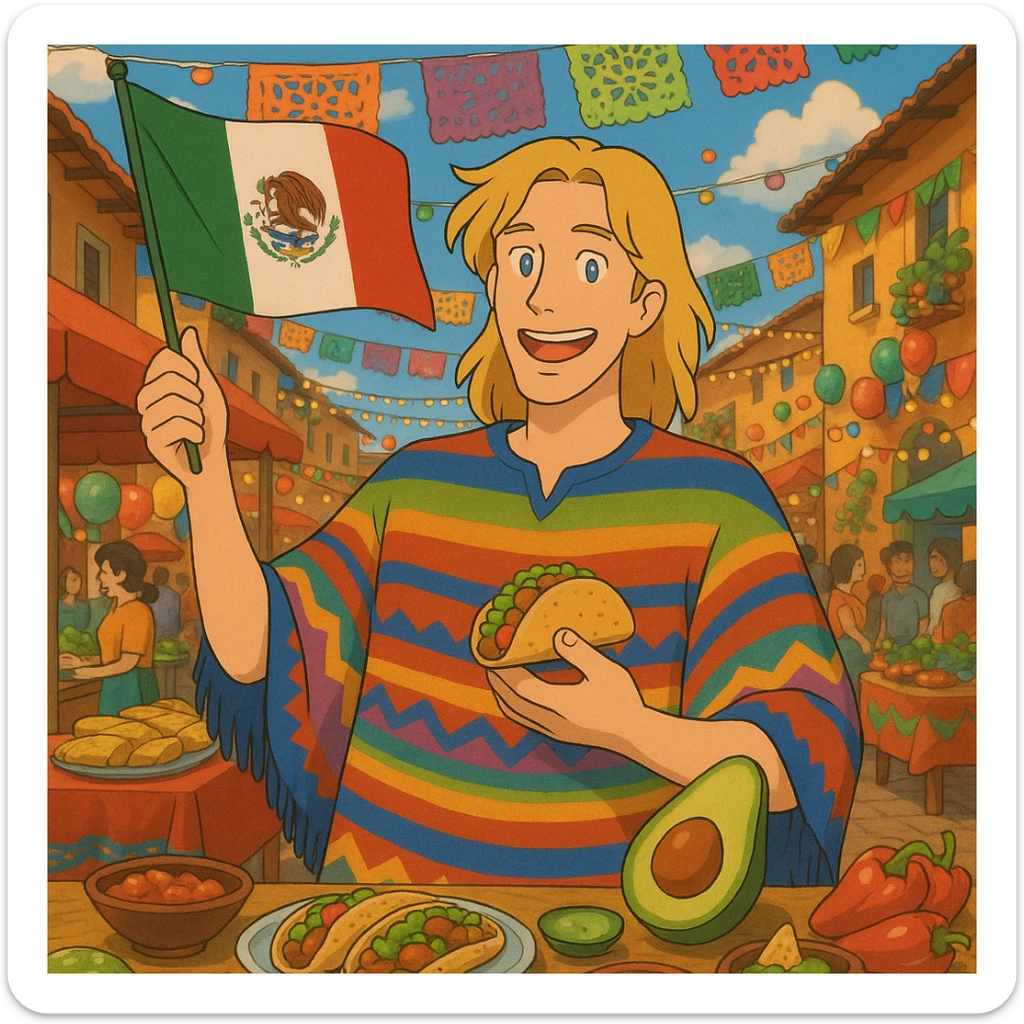 cartoon of a tall blonde American in a colorful poncho, smiling, holding a taco and avocado, waving a Mexico flag, festive street party background with food and decorations sticker