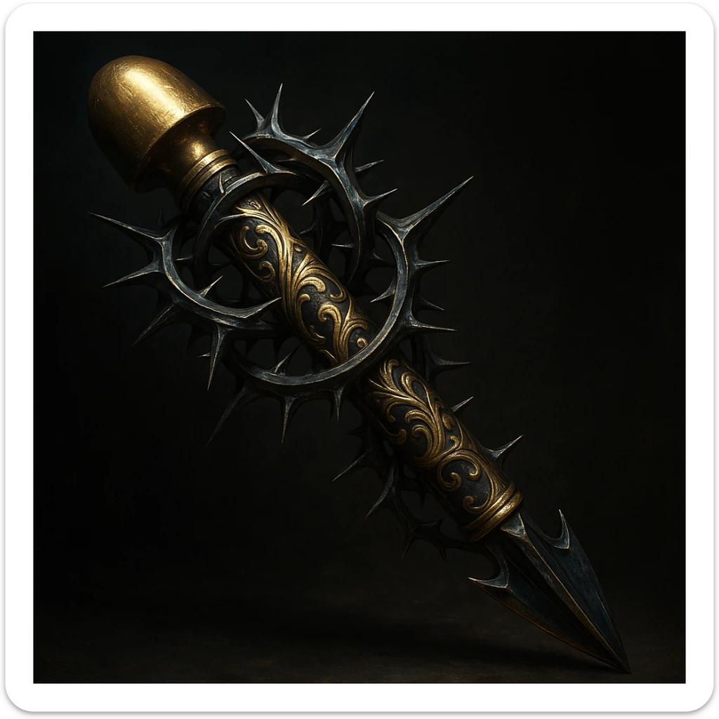 A fantasy-style arrow with a blunt, rounded golden tip, ornate gold filigree along the shaft, encircled by sharp metallic thorns. Hyper-detailed, metallic shine, dark cinematic background. sticker