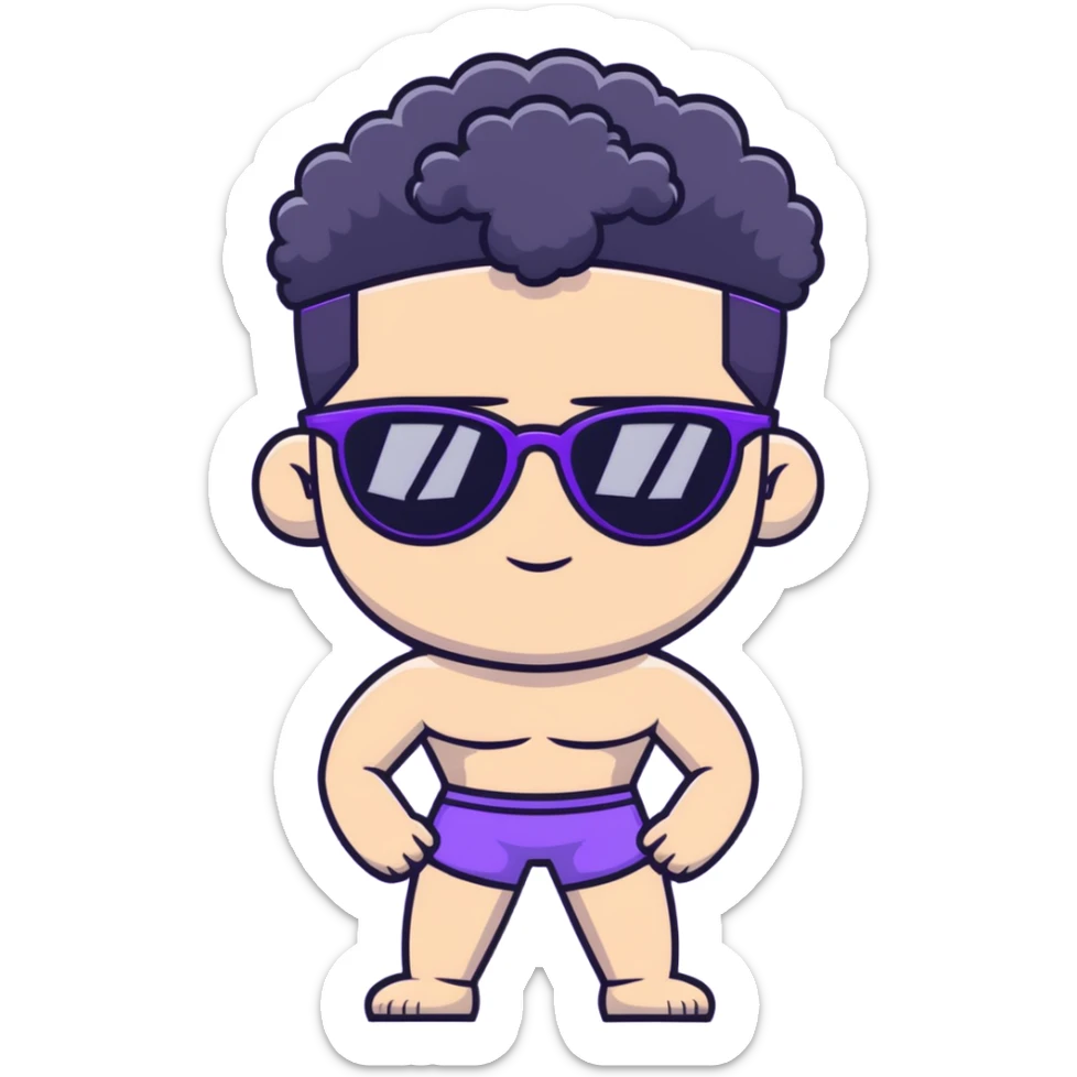 shirtless male athlete with white skin and moderately curly black hair on top with shaved sides, wearing purple sunglasses with black tinted lenses sticker