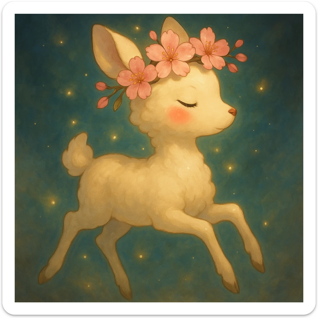 Enhance this feminine adult vanilla cloud doe with rosy cheeks and cherry flowers, floating gracefully in a dreamy Ghibli style. Make the colors richer, the lines softer, and the cherry flowers more detailed. Add a magical glow and elegant highlights, keeping the look whimsical, refined, and enchanting. sticker
