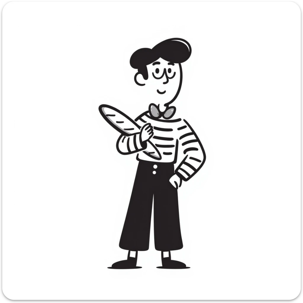 A Frenchman with a beret, holding a baguette under his elbow, wearing a black and white striped shirt, hand-drawn doodle style. sticker
