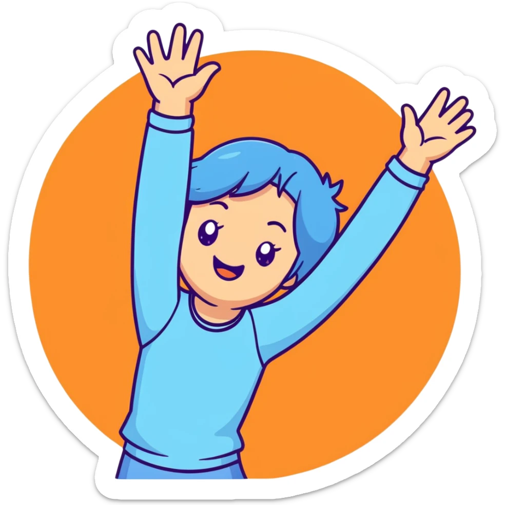 girl wearing pastel blue clothes with arms raised in joy making a hurray celebration gesture sticker