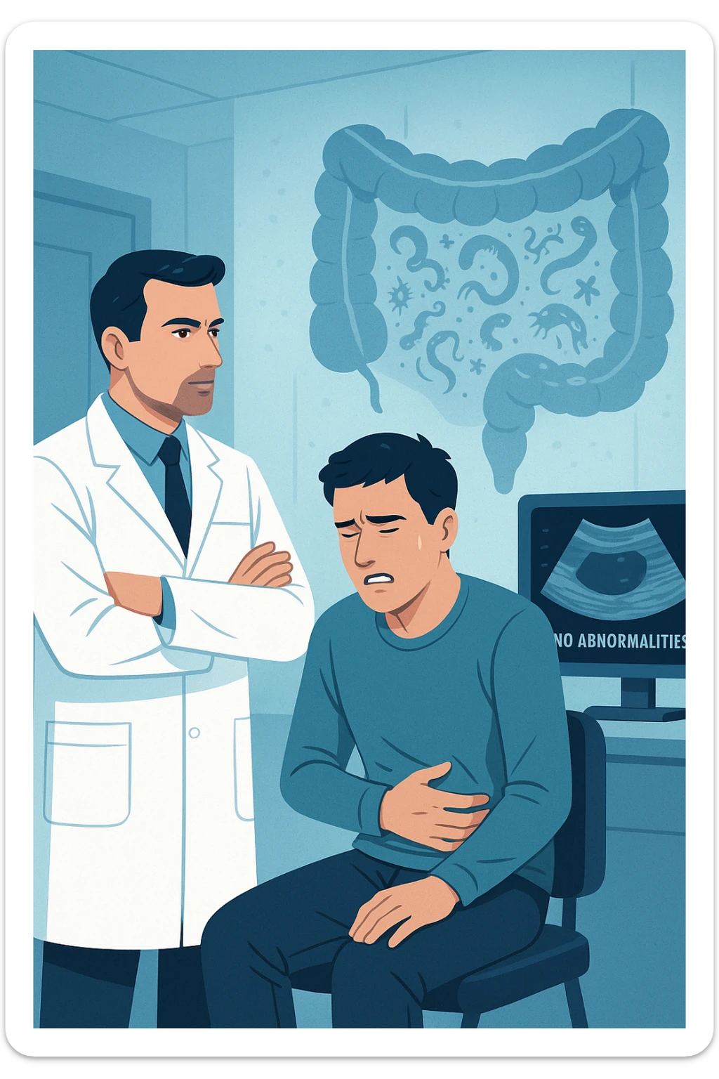 Medico in camice bianco in uno studio moderno, mentre osserva una TAC o ecografia su uno schermo con espressione convinta. Accanto a lui, un paziente seduto che lamenta dolori intestinali. Sullo sfondo, un’immagine traslucida dell’intestino pieno di piccoli parassiti stilizzati (vermi, protozoi), non visibili nel monitor medico. Il monitor mostra 'nessuna anomalia', ma dietro c’è la realtà invisibile. Atmosfera clinica ma con contrasto simbolico tra 'ciò che si vede' e 'ciò che sfugge'. Colori freddi, luce ospedaliera sticker