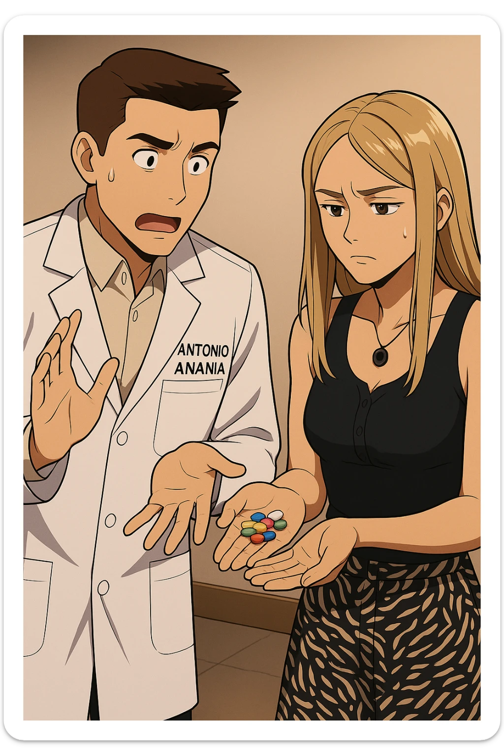 fai un webtoon/manga a colori con questo kinesiologo in camice bianco (fagli la scritta "ANTONIO ANANIA" SUL CAMICE) CHE PARLA CON QUESTA RAGAZZA. LA RAGAZZA HA UN PUGNO DI INTEGRATORI IN MANO (TANTE PILLOLE DIVERSE) E LE GUARDA DUBBIOSA. IL KINESIOLOGO CON IL CAMICE BIANCO LE DOMANDA UNA COSA SCIOCCATO. NON FARE I FUMETTI, FAI SOLO LORO COME SE DIALOGASSERO sticker