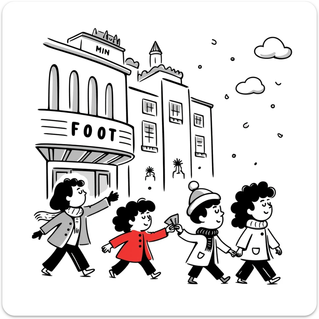A group of school children walking to a movie theater in winter, inspired by Paddington Bear sticker