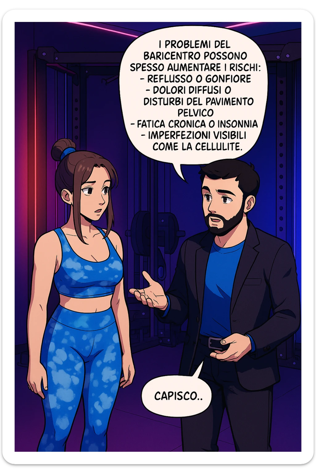 TRASFORMA QUESTO CAROSELLO IN UN FUMETTO STILE WEBTOON/MANGA A COLORI CON QUESTE DUE PERSONE IDENTICHE CHE INTERLOQUISCONO TRA LORO, L'uomo sta spiegando alla donna questo concetto:

Se hai un problema di baricentro, inoltre, non dovresti preoccuparti solo del reflusso e del gonfiore addominale, ma anche di un aumentato rischio di:
    • dolori e rigidità diffuse
    • disturbi pavimento pelvico
    • stanchezza cronica o insonnia
    • inestetismi visibili, come celluluite
    • etc… sticker