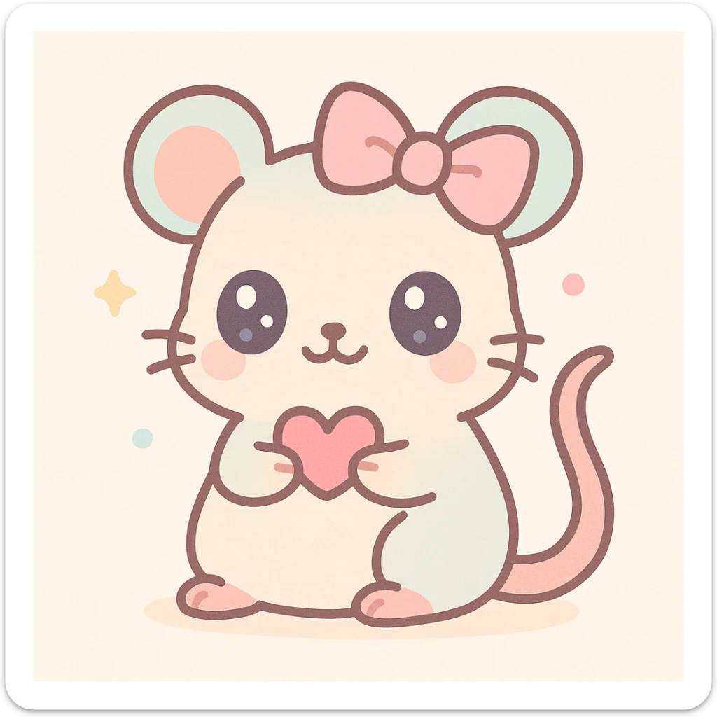 a coquette rat, holding a tiny heart, with big eyes and a ribbon, kawaii style sticker