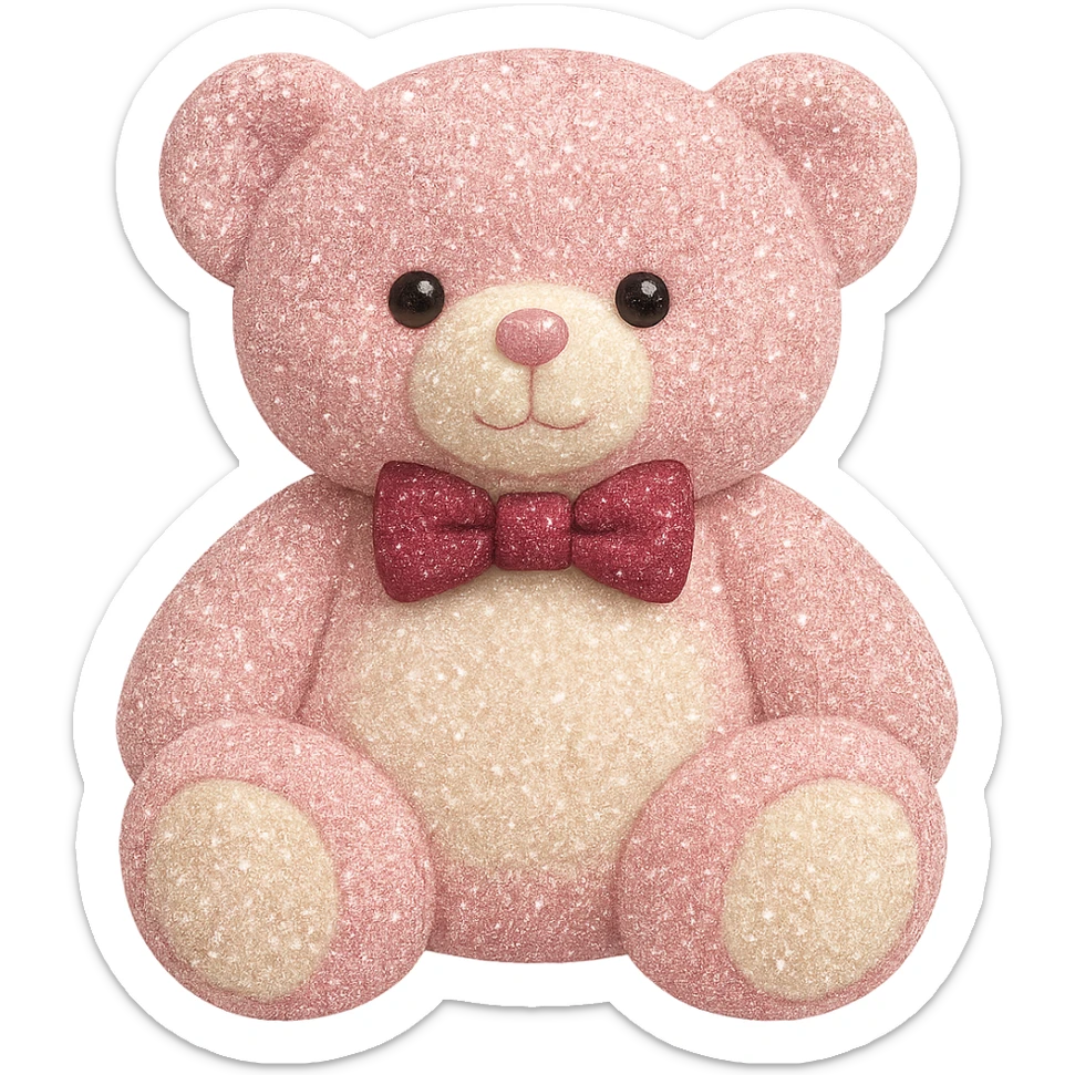 Add a touch of glitter to the teddy bear and its bow tie, keeping the pink and white fur, flat lighting, no shadows or background, soft plush look, maintain transparency. The style should reflect a soft plush teddy bear with pink and white fur and a glittery bow tie, with flat lighting and no shadows or background. sticker
