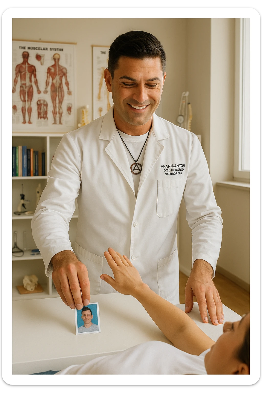 a middle-aged man, dressed in casual professional attire, is in a bright, organized therapy studio. Durante una visita di kinesiologia, il praticante tiene con una mano la foto di una persona lontana (il “testimone”) appoggiata su un tavolo, mentre con l’altra mano esegue un test muscolare su un cliente presente. Sullo sfondo si vedono libri di kinesiologia, poster anatomici e strumenti tipici della disciplina. L’atmosfera è concentrata e serena, con luce naturale che entra dalla finestra, sottolineando l’aspetto alternativo e umano della pratica. sticker