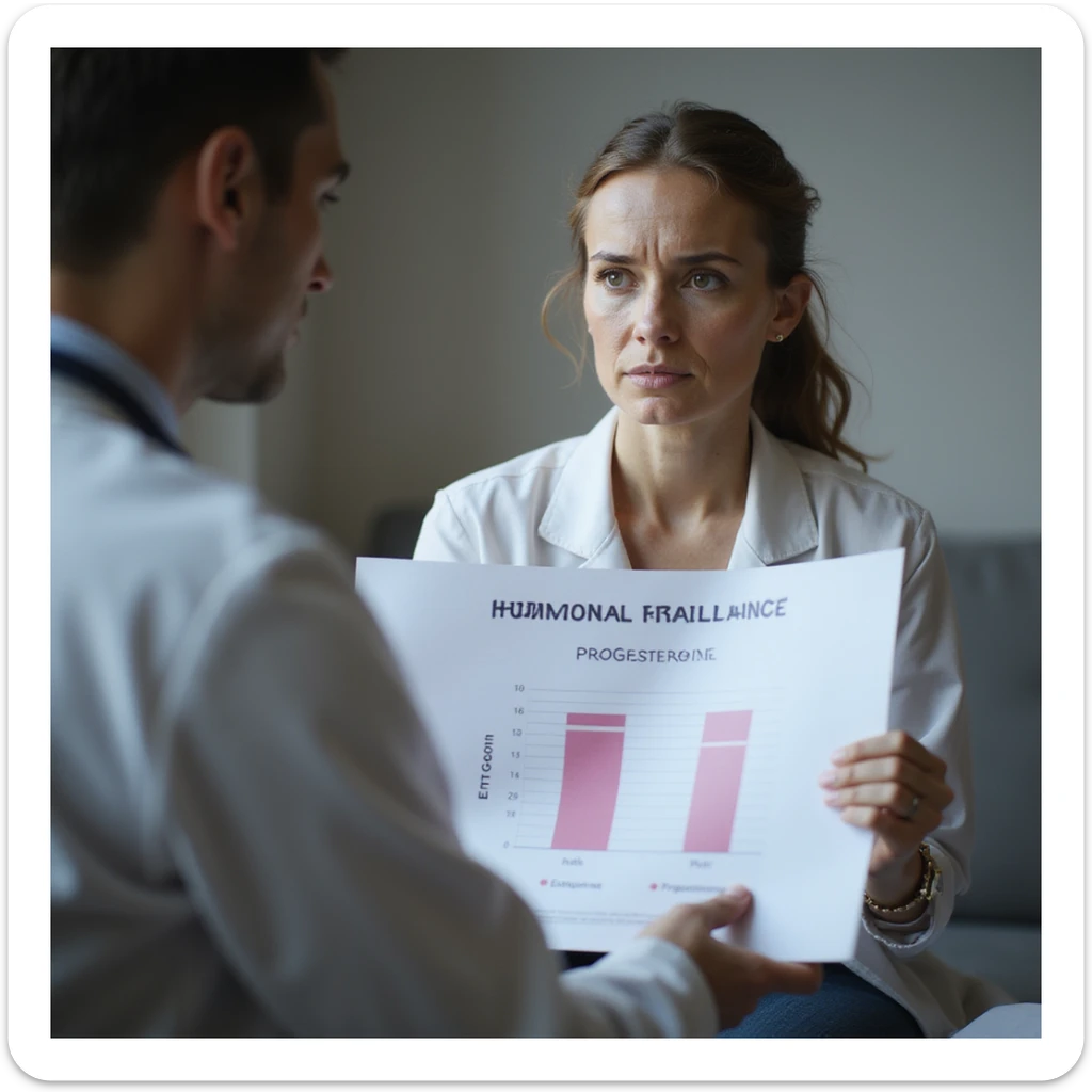 hyperrealistic 4K image of a woman with hormonal imbalance sitting in front of a doctor showing a chart with altered estrogen and progesterone levels, labels 'Estrogeni' and 'Progesterone' clearly visible, serious expression sticker