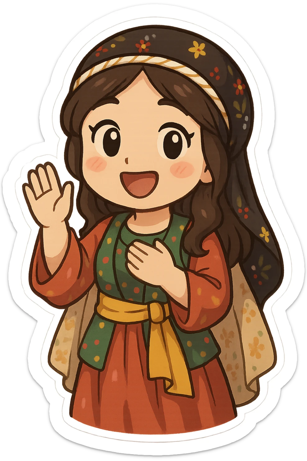 cartoon Kurdish woman in traditional Kurdish clothing greeting with hand raised or hand on chest, colorful and cheerful, no text, sticker style suitable for WhatsApp and Instagram sticker