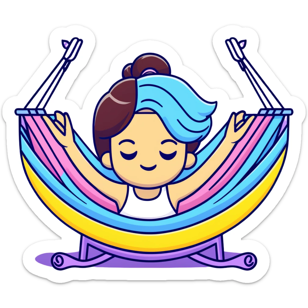 cartoon emoji of a witty girl with two-toned hair, strong outline, expressive face, pastel and vibrant accents, subtle Gemini accent, two-sided expression, hint of yoga hammock, stars, magical and humorous sticker