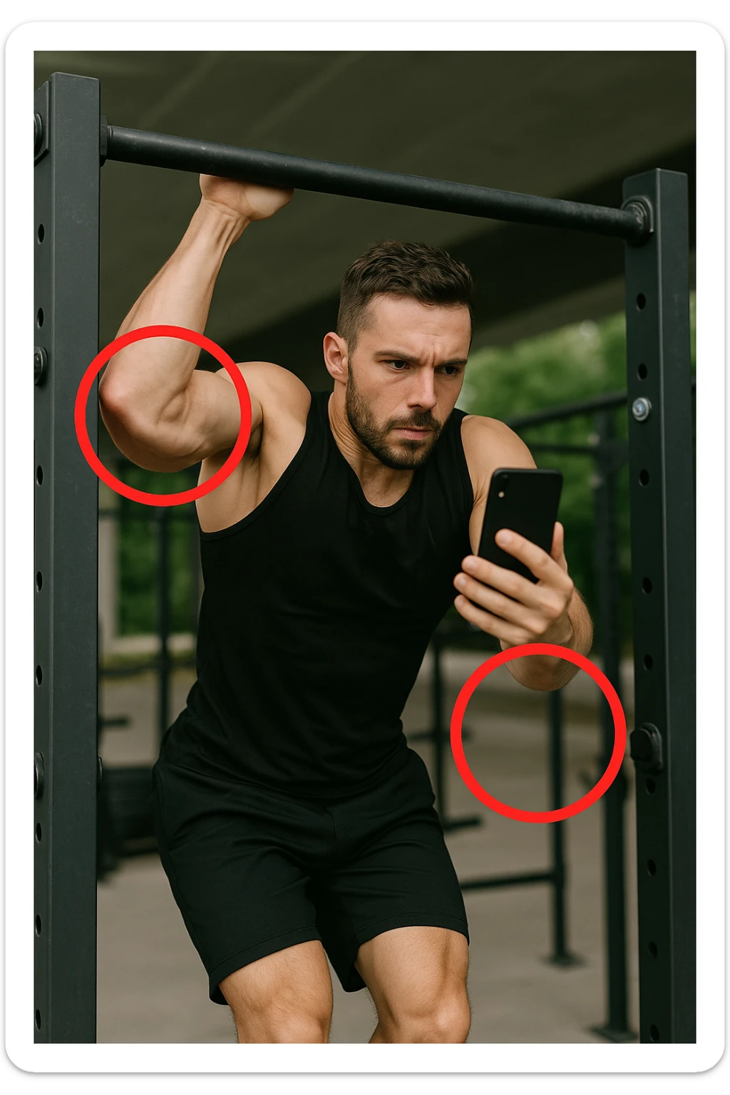 uomo che fa Muscle up e si sta filmando davanti con il telefonino per vedere la sua posizione dei gomiti e delle mani sulla sbarra, fai dei cerchi per indicara i gomiti sticker