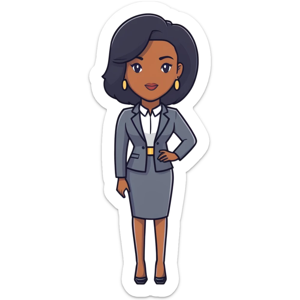 Dynamic African career woman with sleek long black hair, modern business outfit, competent and assertive expression sticker