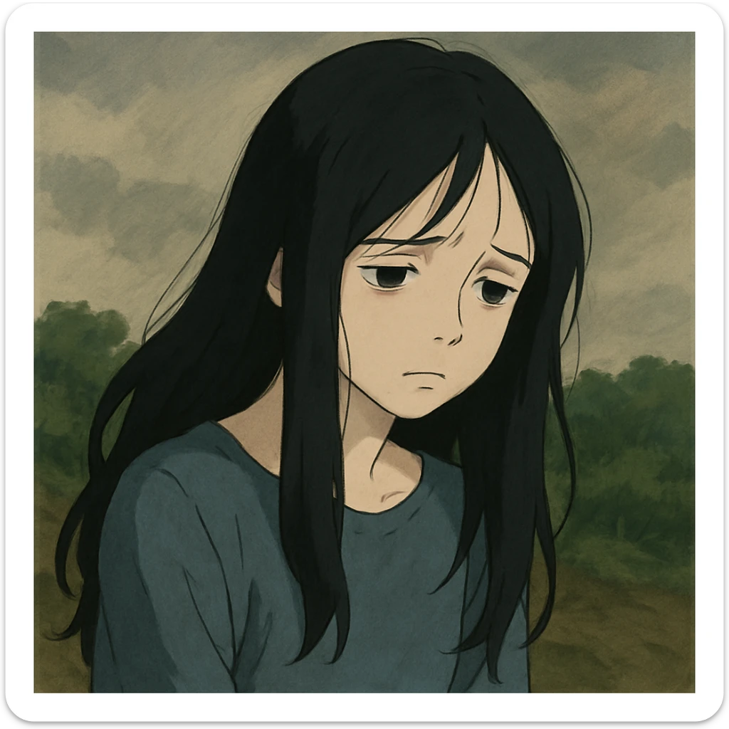 pale girl with long black hair, sadness, emotional, stylized, ghibli style artistic interpretation sticker