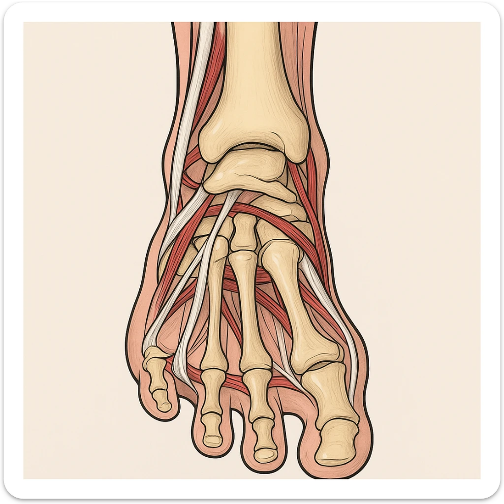 Anatomical illustration of a pronated foot, detailed bones and soft tissue, medical style, neutral background, plantar view, inspired by the reference image. sticker