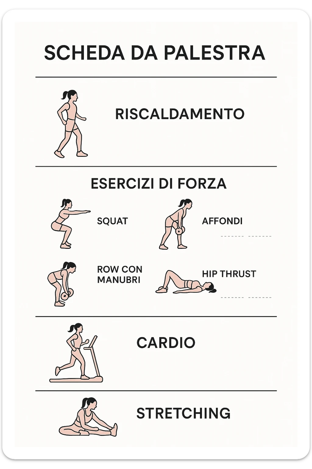 Scheda da palestra su sfondo bianco in italiano specifica per allenamento al femminile sticker